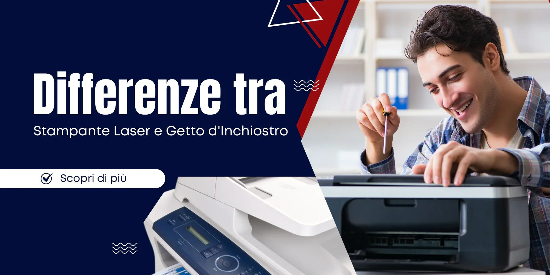 **Alt text (in Italian):**
Uomo confronta stampante laser e getto d'inchiostro in ufficio moderno.