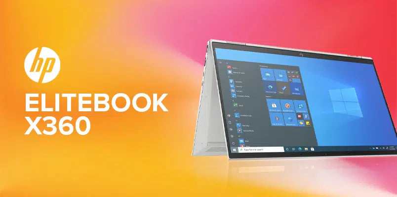 **Alt text (Italiano):**
HP EliteBook x360 1040 G6 in modalità tablet con Windows 10 su sfondo colorato.