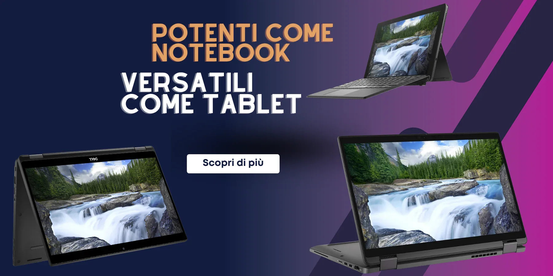 **Alt text (in Italian):**
Notebook tablet 2-in-1: potenti come notebook, versatili come tablet.