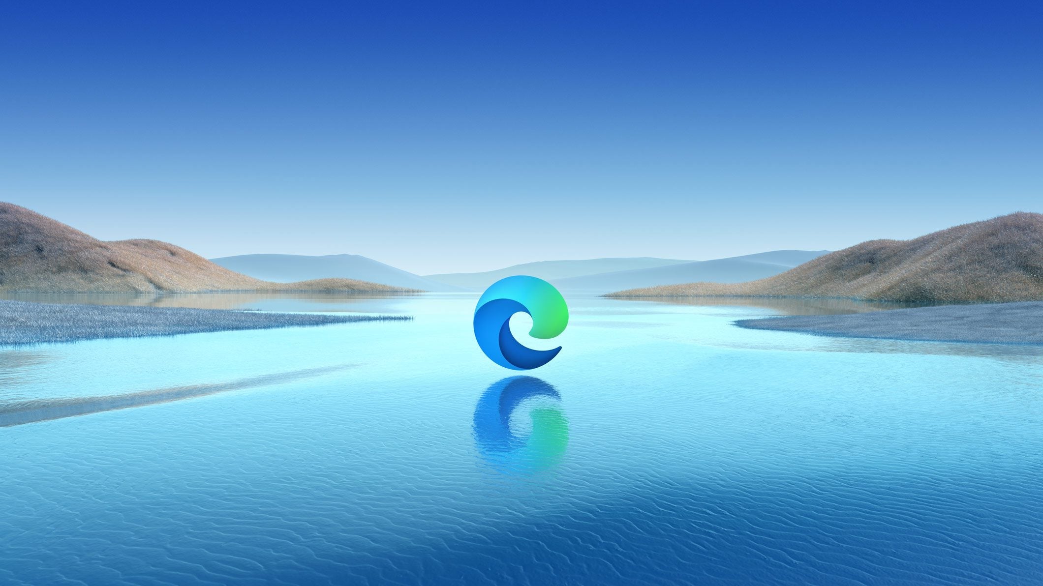 Alt text (in Italian):
Logo Microsoft Edge su sfondo paesaggio acquatico, annuncio Super Duper Mode.