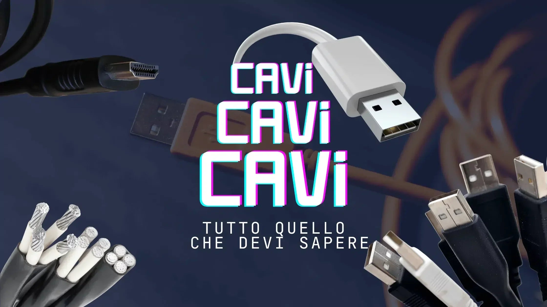**Alt text (in Italian):**
Cavi di ricarica e dati: guida completa ai cavi fondamentali tech.