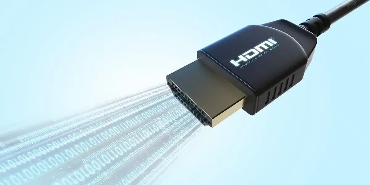 Alt text (in Italian):  
Cavo HDMI con flusso di dati digitali in uscita su sfondo azzurro.