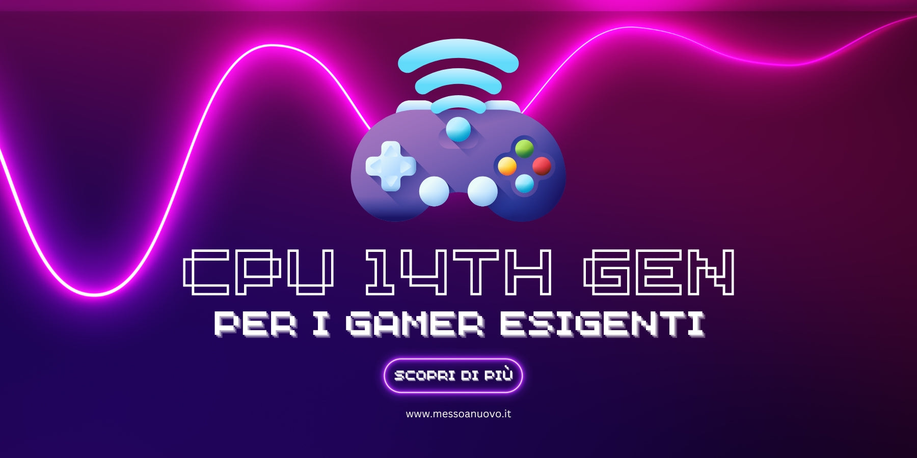 **Alt text (in Italian):**  
CPU 14th Gen per gamer esigenti con grafica neon e controller gaming.