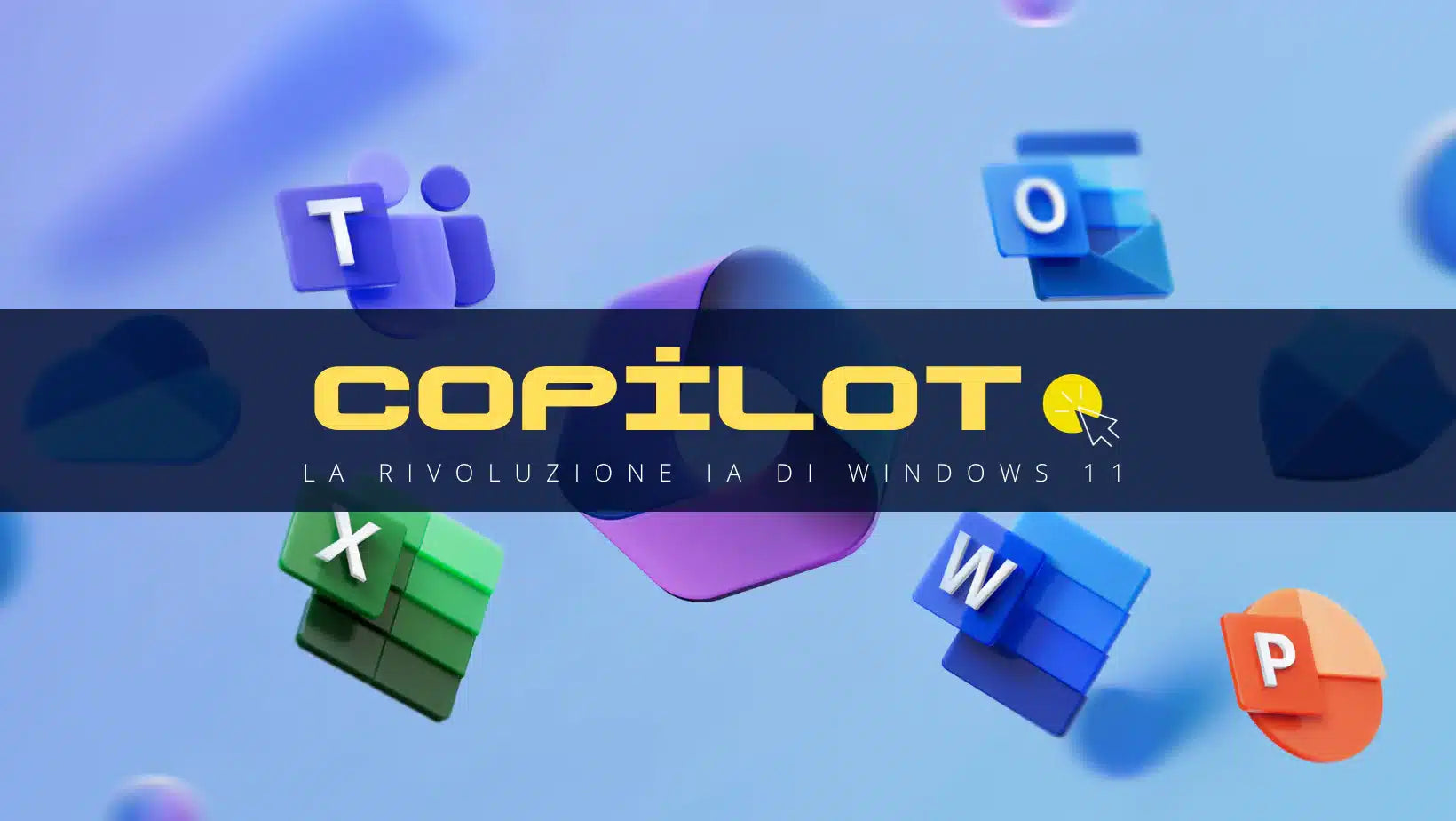 **Alt text (in Italian):**  
Copilot: la rivoluzione IA di Windows 11 con app Office 3D sullo sfondo.