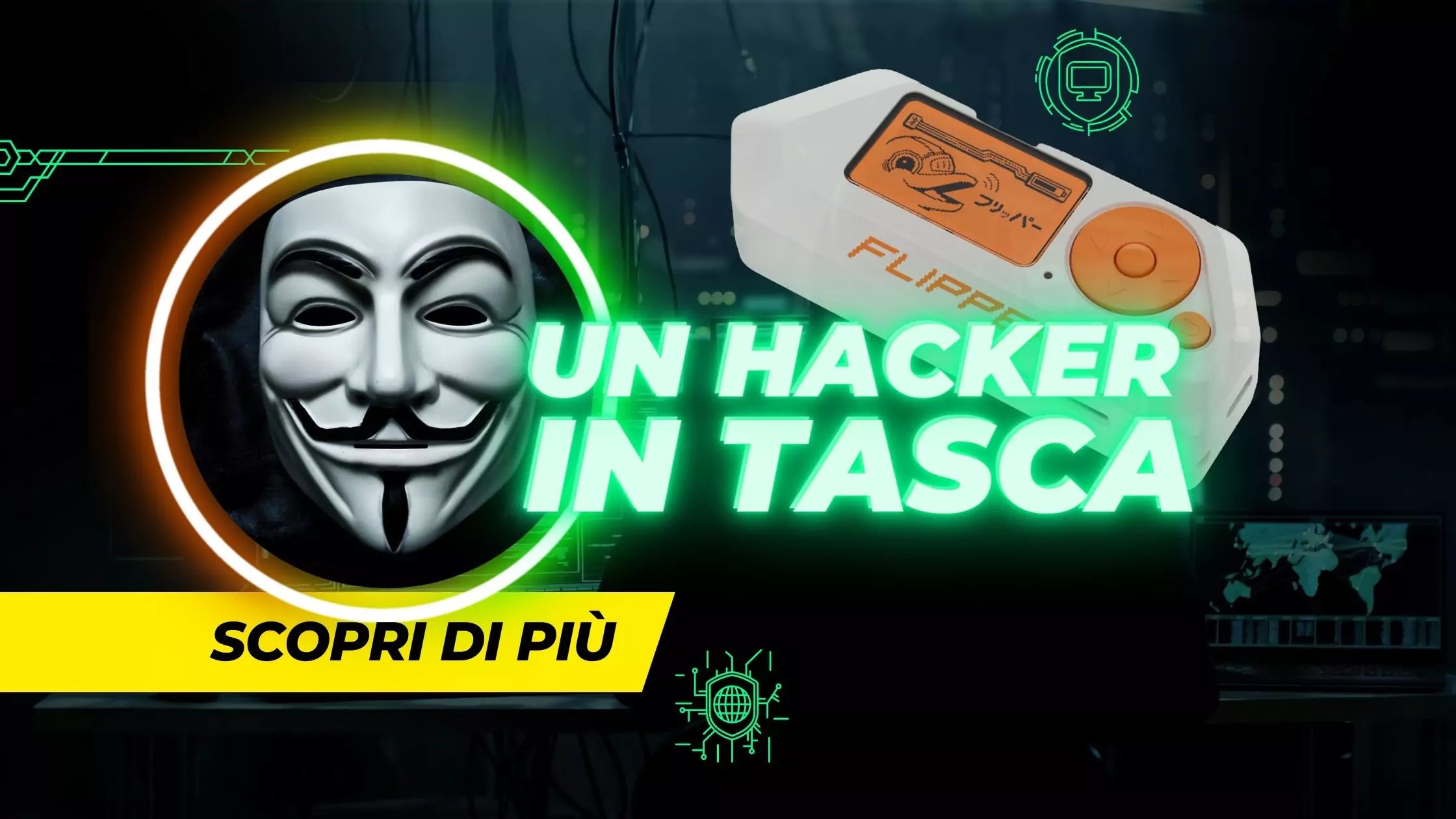 **Alt text (in Italian):**  
Flipper Zero: un hacker in tasca per sicurezza informatica e hacking.