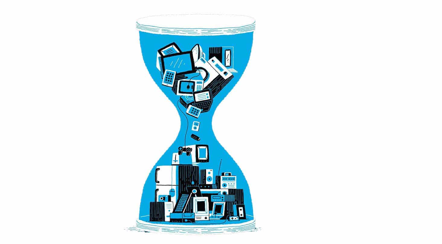 **Alt text (in Italian):**  
Illustrazione sull'obsolescenza programmata con elettrodomestici in clessidra.