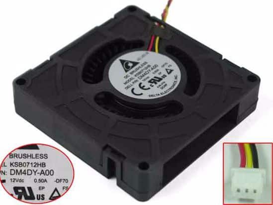 Ventola di raffreddamento brushless per PC KSB0712HB, vista con etichetta e connettore su qalnexvori.shop