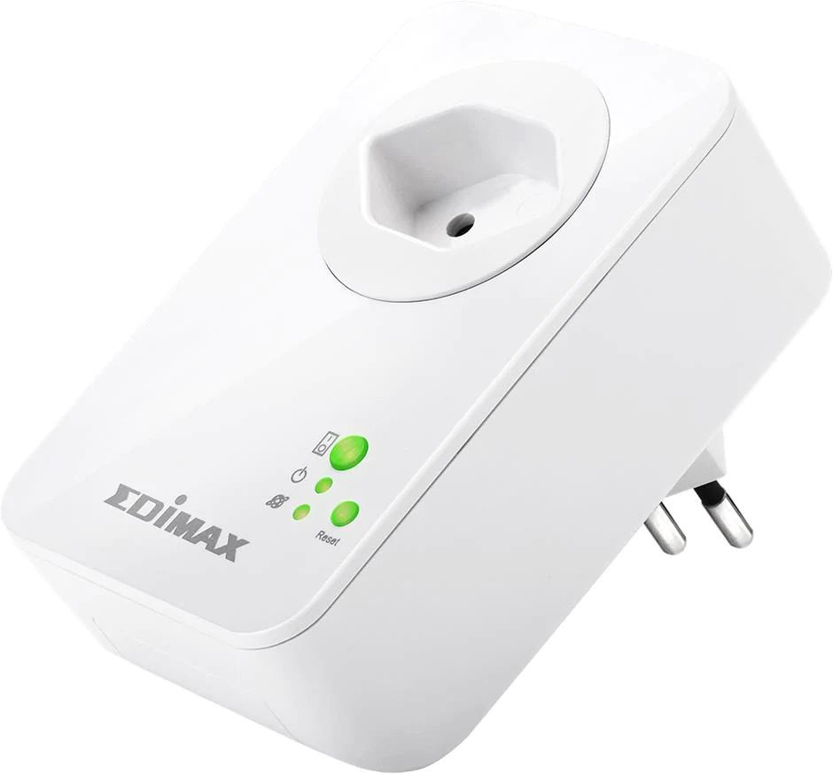 Adattatore di rete Edimax bianco con spina italiana e indicatori LED, ideale per PC e gaming