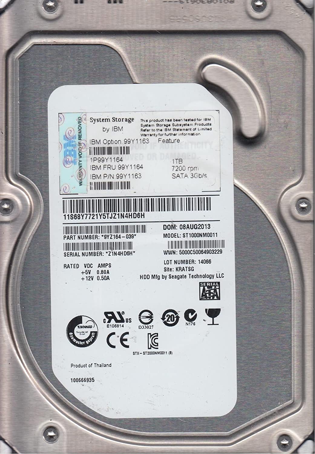 IBM 99Y1163 1TB 7200 7.2K SATA 3Gb/s 9YZ164-039 3.5" DRIVE HDD W/ CADDY