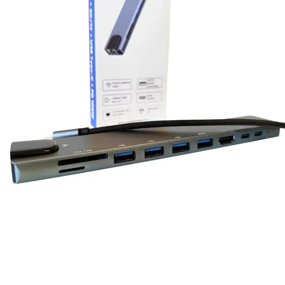 Vista frontale della docking station 10 in 1 con porte USB e lettore SD, accessorio incluso nella postazione Lenovo M910q All In One.