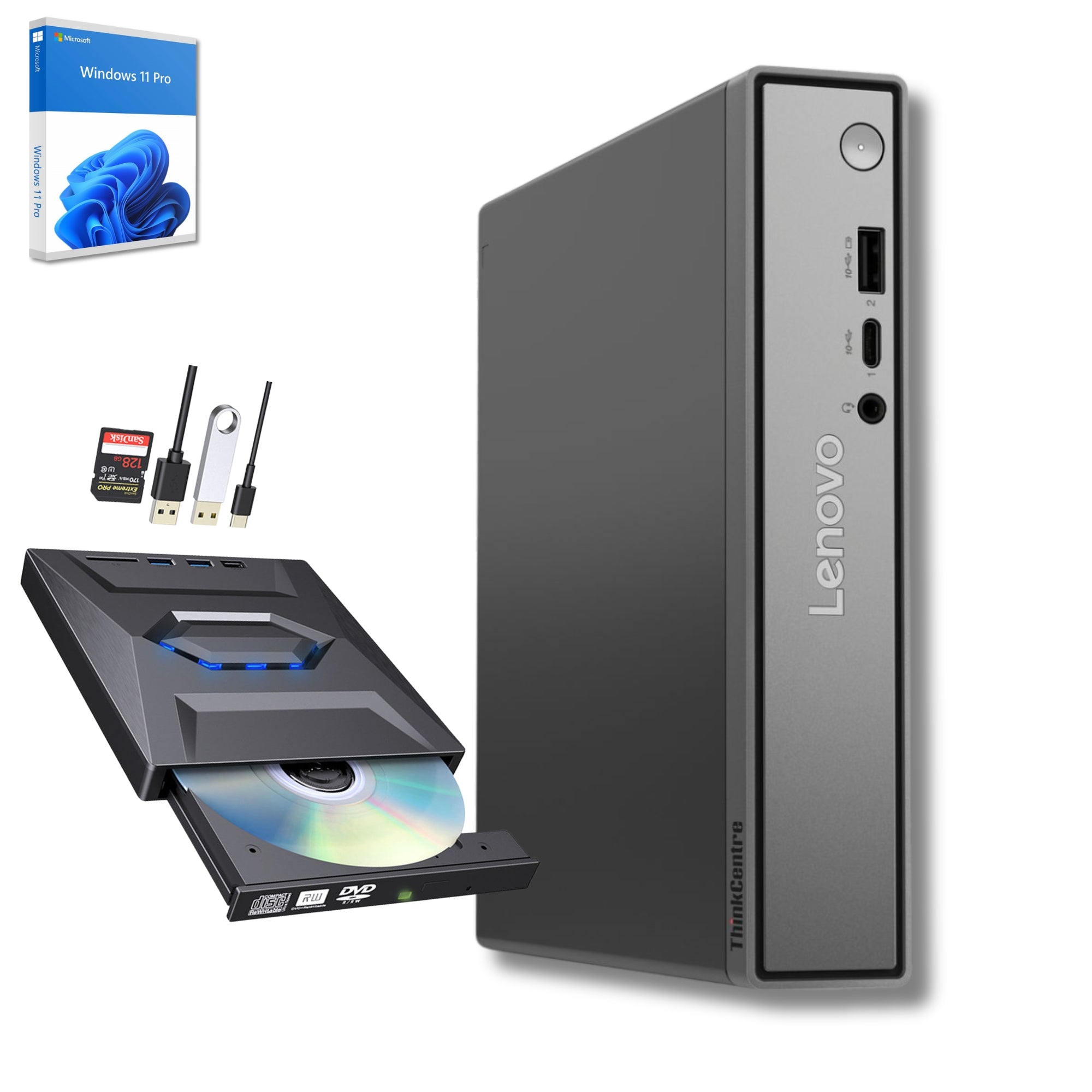Lenovo ThinkCentre desktop PC with Windows 11 Pro, external DVD drive, USB and SD card accessories