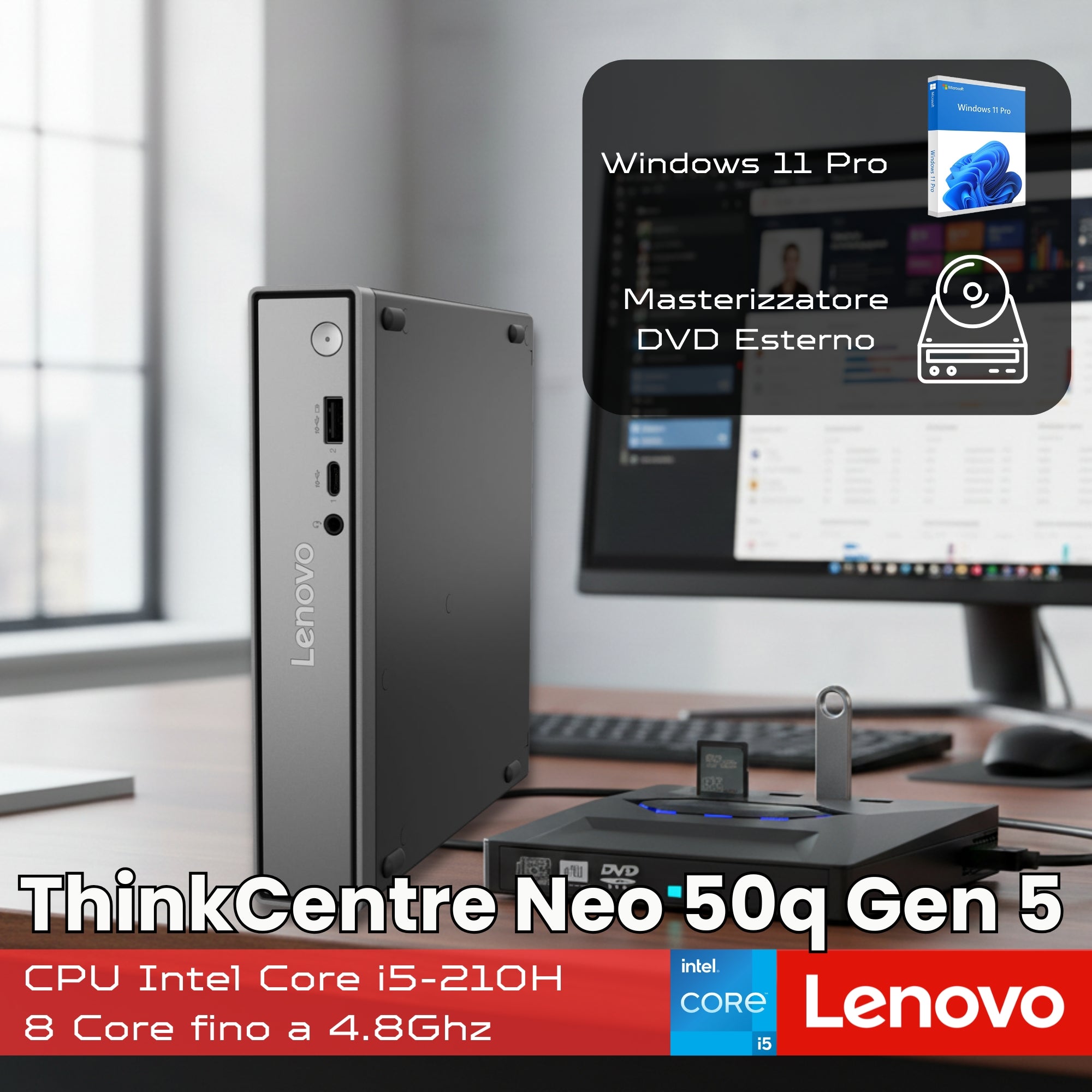 Lenovo ThinkCentre Neo 50q Gen 5 desktop PC with Intel Core i5, Windows 11 Pro, external DVD, front USB ports, and modern office setup on qalnexvori.shop