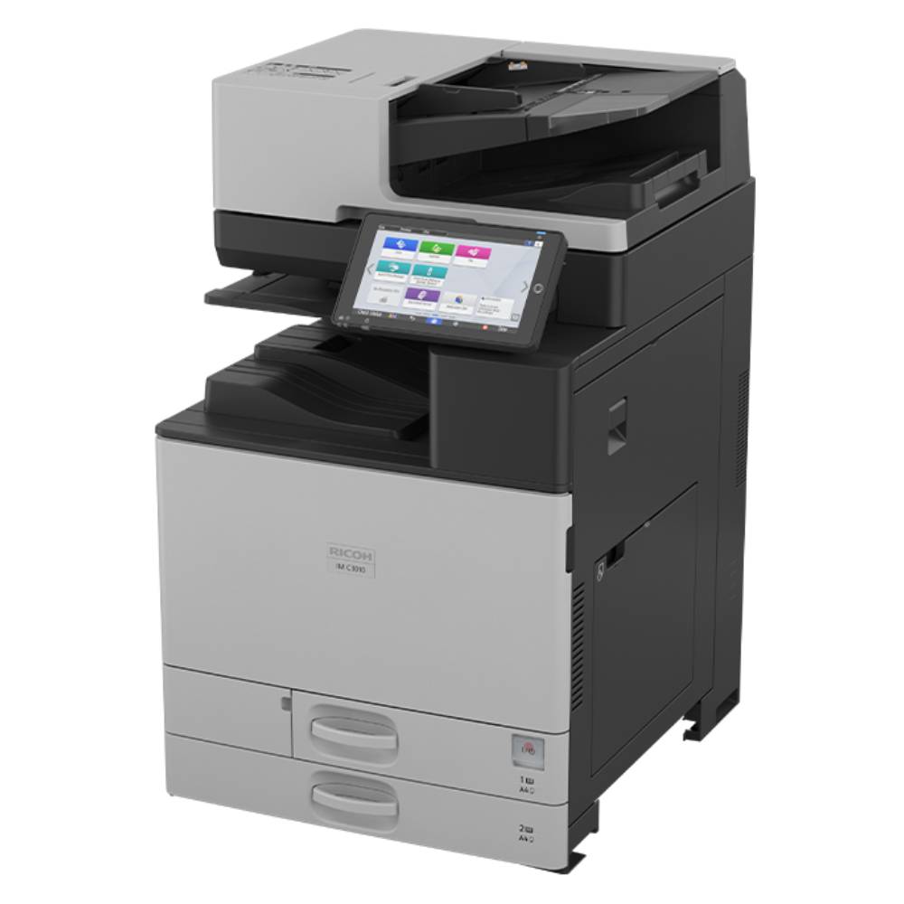 Multifunzione laser Ricoh IM C3010 A3 colori nuova, vista laterale con display touchscreen e doppio cassetto carta. Ideale per ambienti professionali.