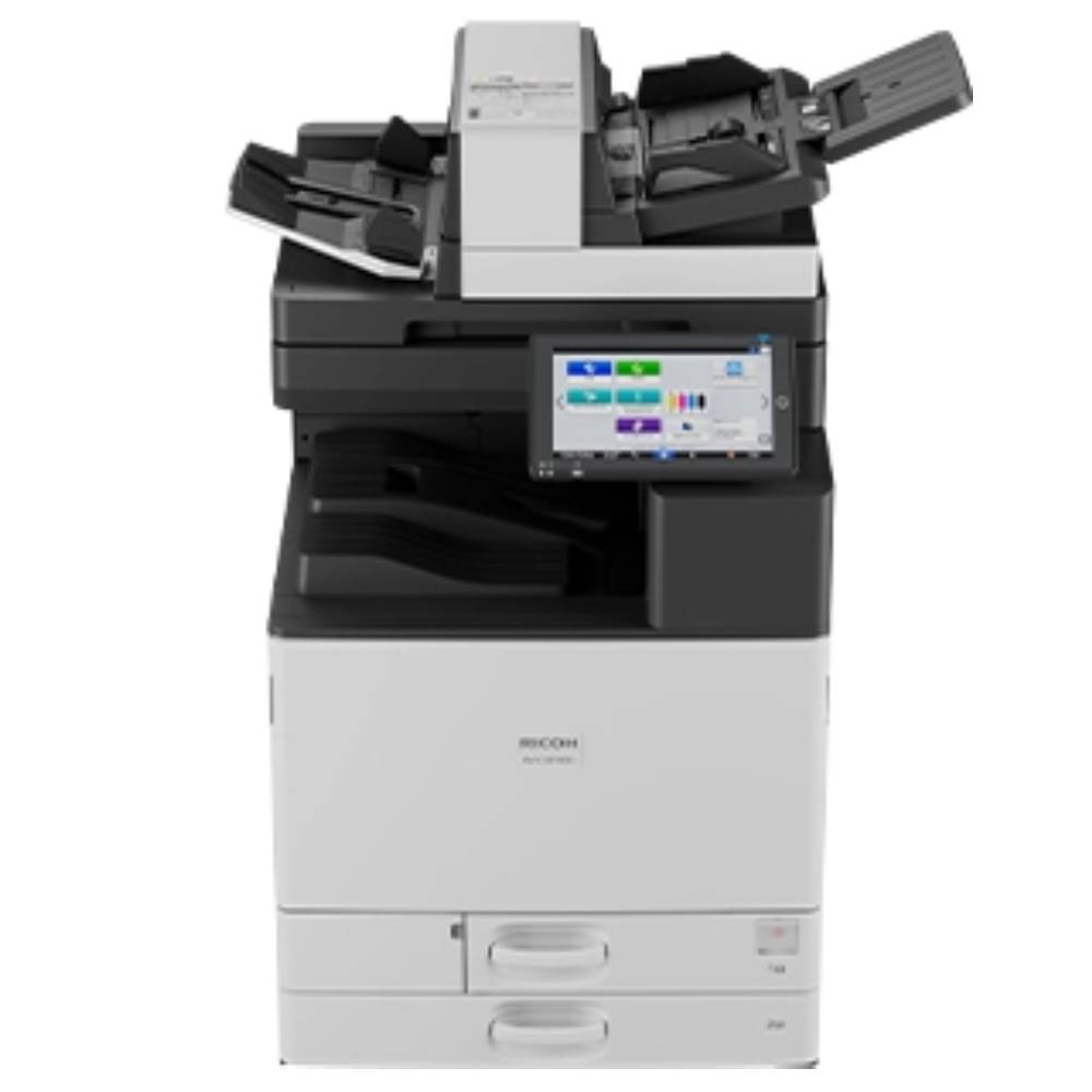 Multifunzione laser a colori Ricoh IM C3010SD vista frontale, formato A3, nuova con doppio cassetto carta e display smart.