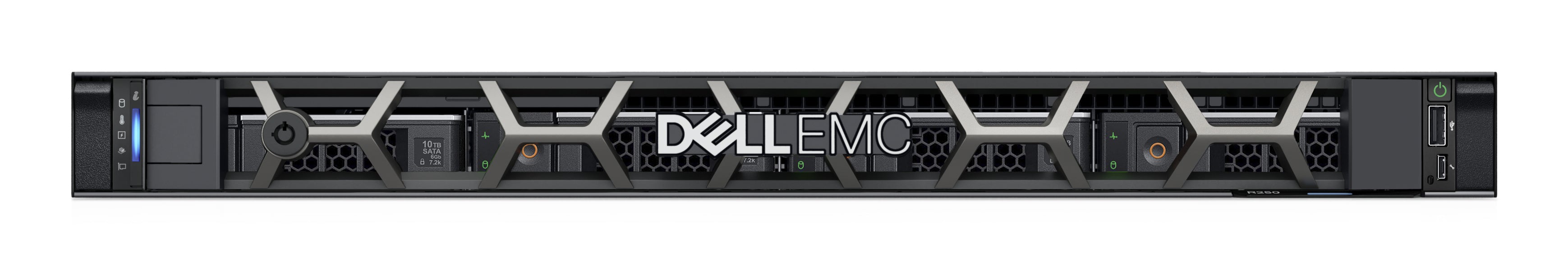 Frontale del Dell PowerEdge R250 Server Rack 1U con griglia di ventilazione e alloggiamenti SSD, configurato con Xeon E-2314 e 16 GB RAM.