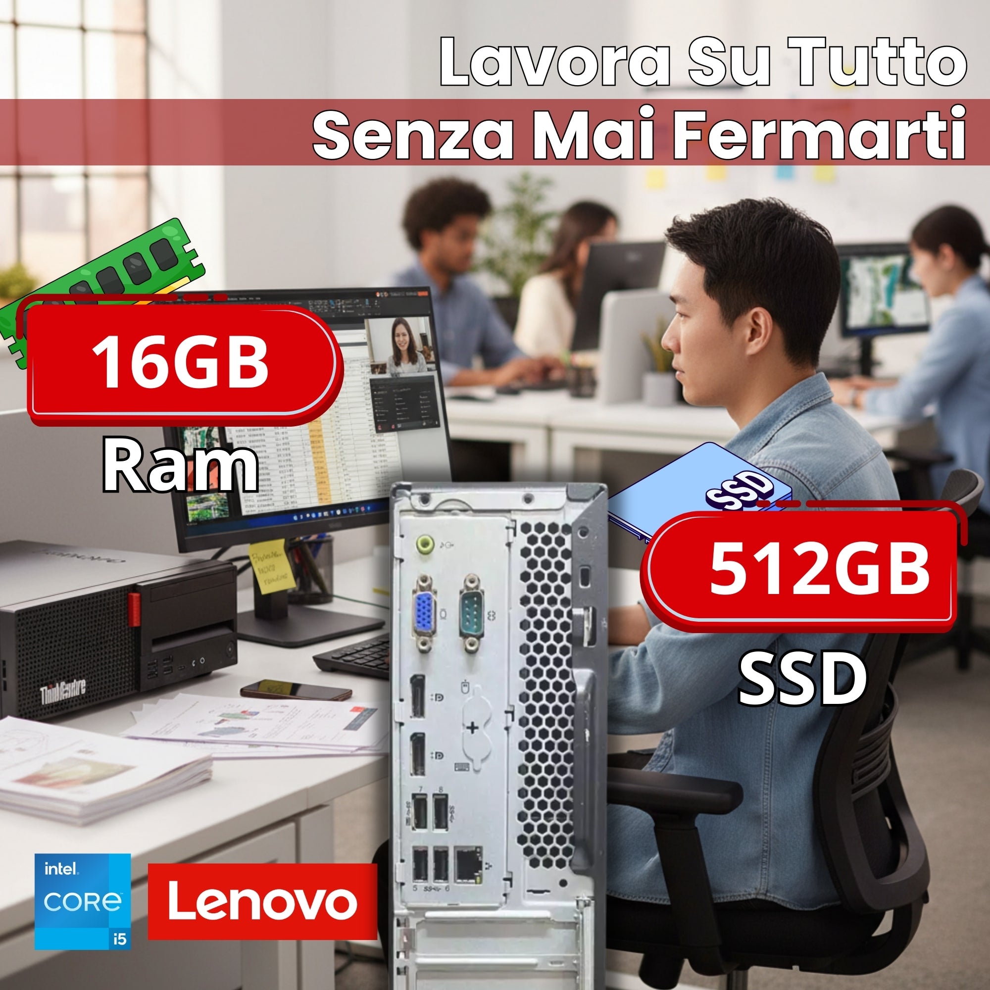 Bundle Ufficio Completo Lenovo M920S | Intel Core i5-8400 | Ram 16GB | SSD 512GB | Monitor 27" + Stampante Brother WiFi + Kit Wireless Win 11 Pro & Office 2021