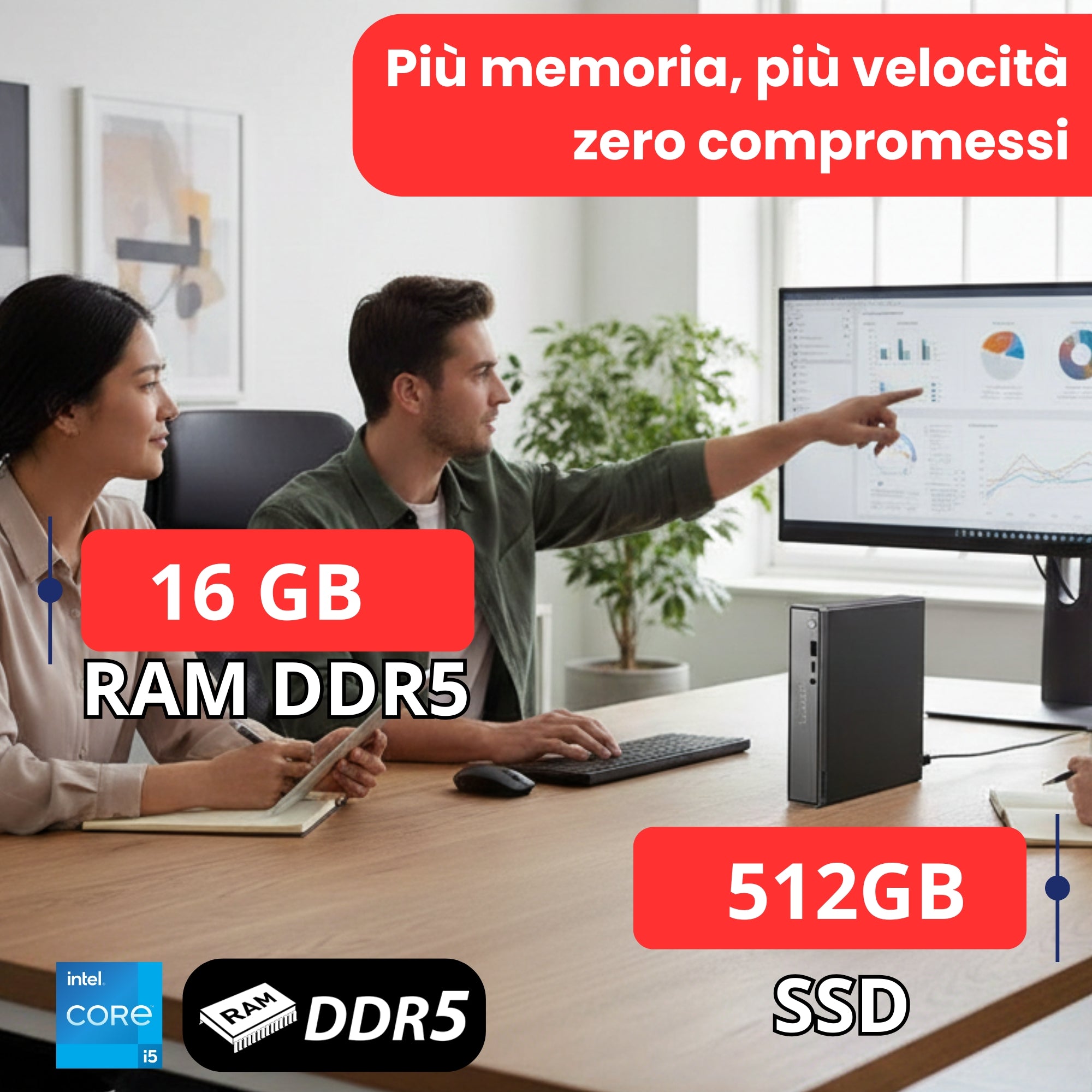Business team using Lenovo desktop PC with Intel Core i5, 16GB DDR5 RAM, 512GB SSD in office