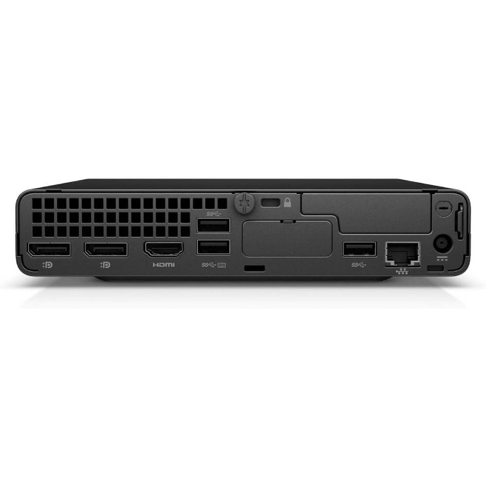 Rear view of a compact refurbished desktop PC with HDMI, DisplayPort, USB, and Ethernet ports