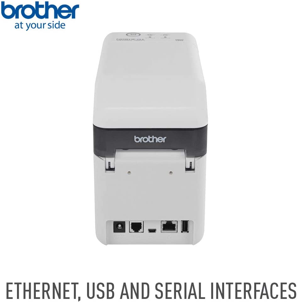 Stampante Brother bianca con interfacce Ethernet, USB e seriale, vista posteriore, qalnexvori.shop