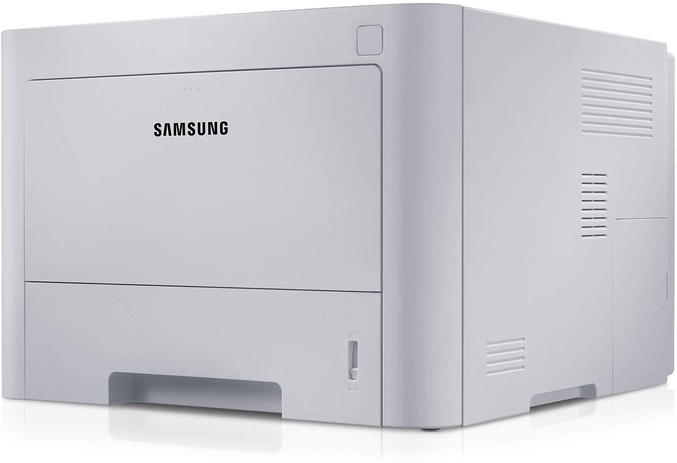 Stampante laser Samsung bianca vista laterale, ideale per ufficio, offerta qalnexvori.shop