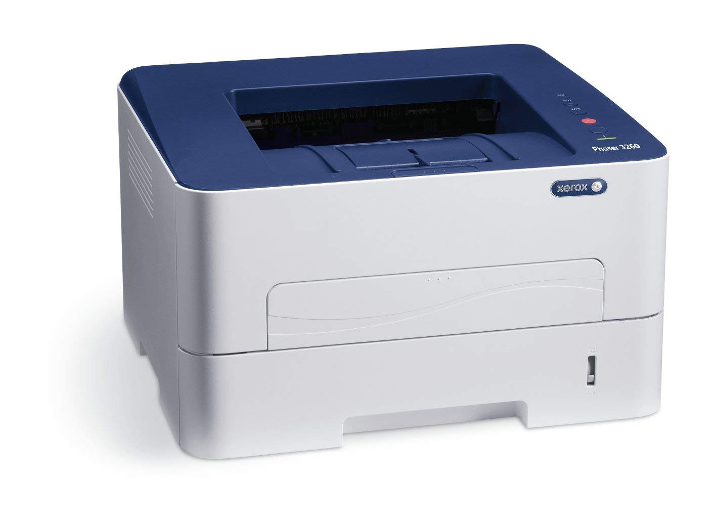 Stampante laser Xerox Phaser 3250 bianca e blu su sfondo bianco, qalnexvori.shop