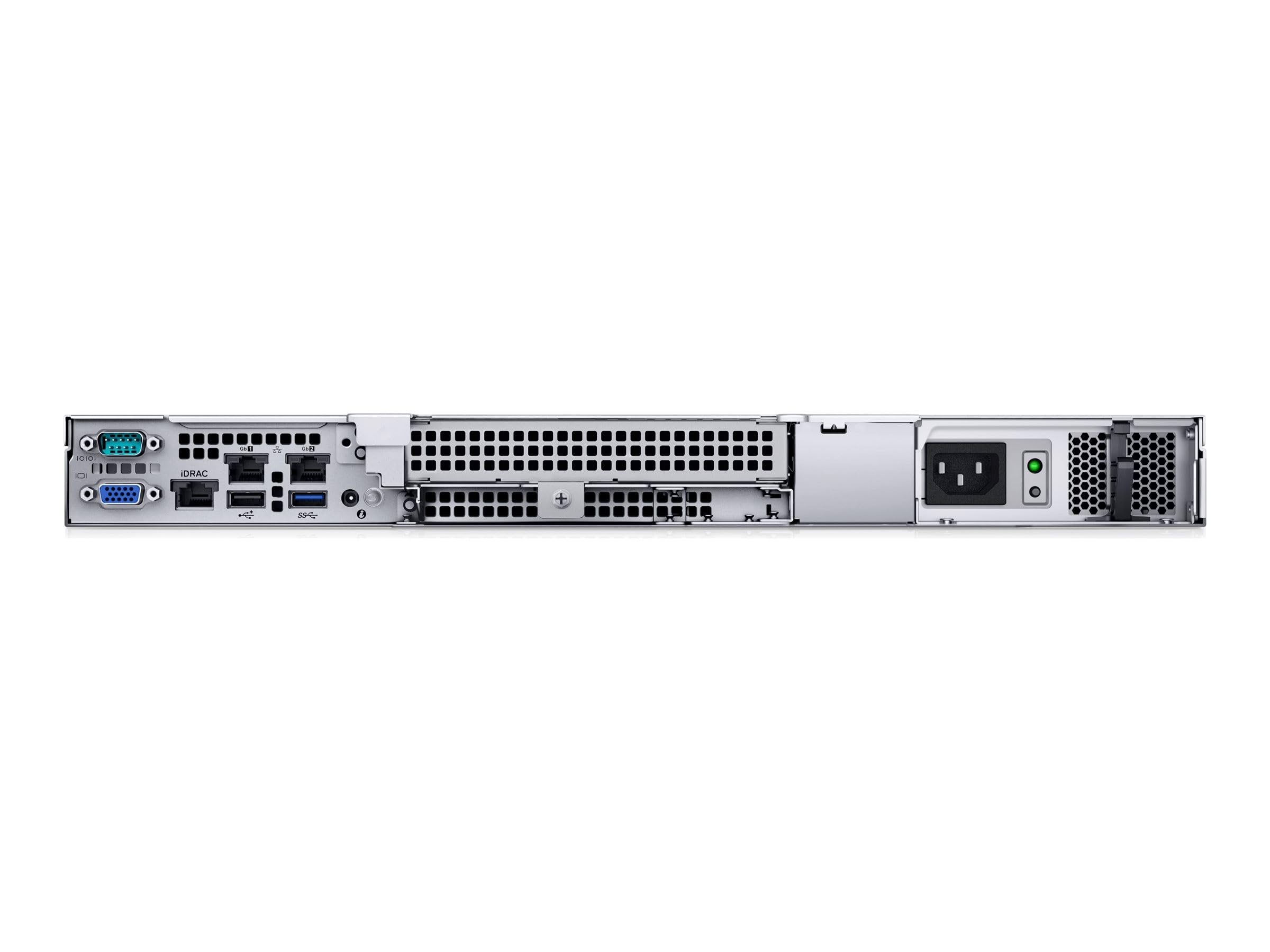 Retro del server Dell PowerEdge R250 1U con porte I/O, alimentazione e slot di espansione, progettato per prestazioni elevate e affidabilità.