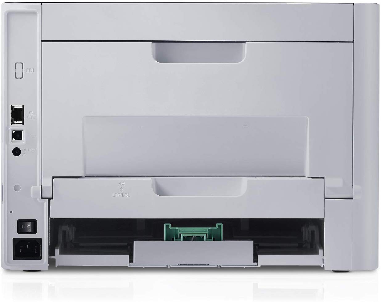 Stampante laser multifunzione bianca vista posteriore, ideale per ufficio o casa, qalnexvori.shop