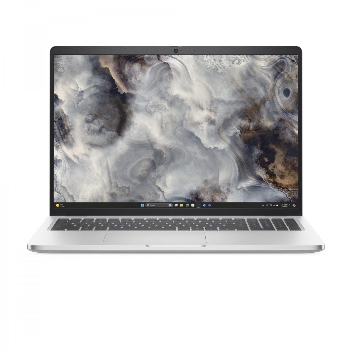 Notebook Dell Pro 16 acceso con sfondo astratto, design moderno e display ampio per un'esperienza visiva immersiva.