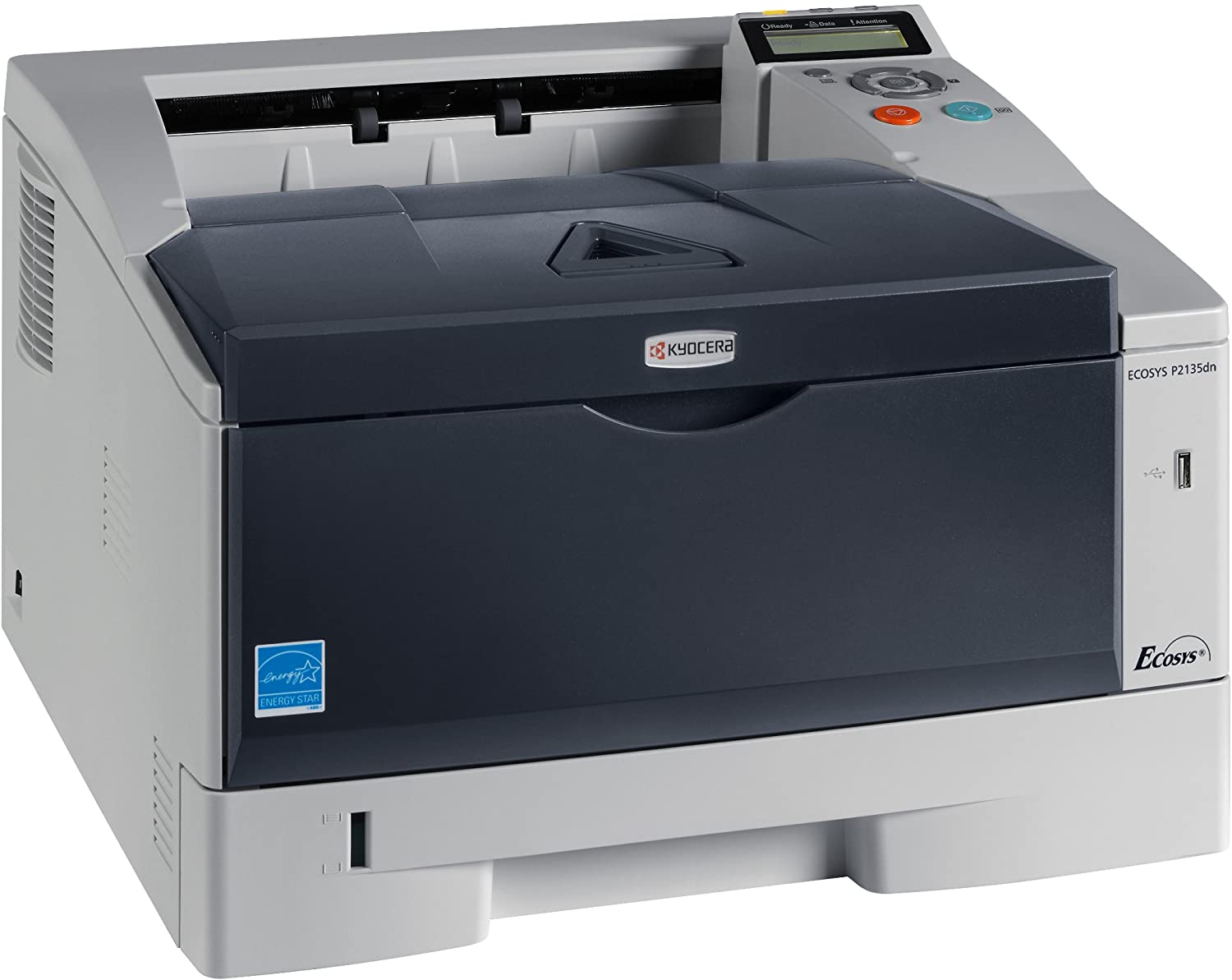 Stampante laser Kyocera ECOSYS P2135dn grigia e blu per ufficio, vista frontale