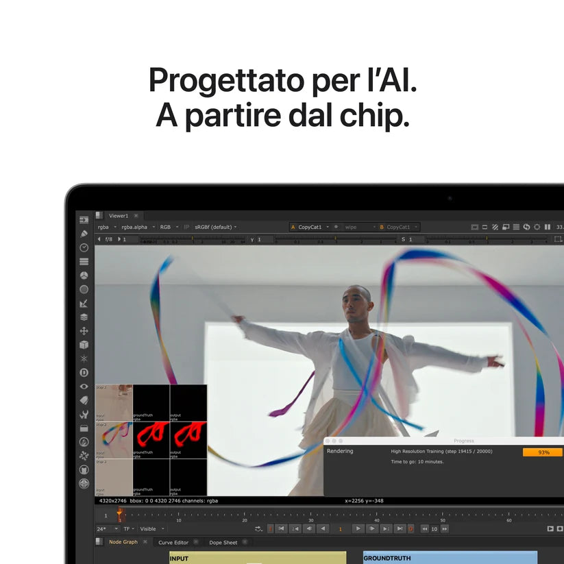 MacBook Pro 16 pollici con software di editing video basato su AI aperto sullo schermo, potenza del chip M5 Pro