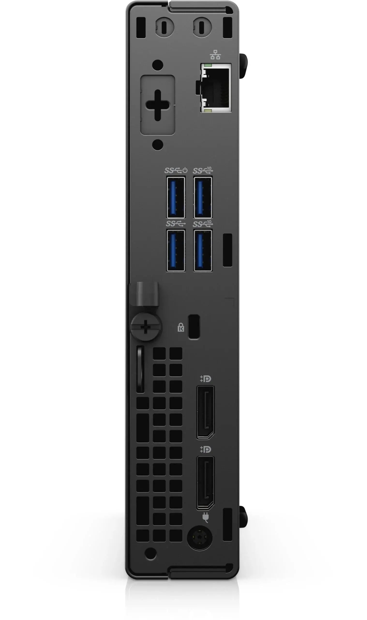 Retro del Dell Optiplex 7080 MFF con porte USB, DisplayPort e Ethernet, perfetto per configurazioni multi-monitor e rete aziendale