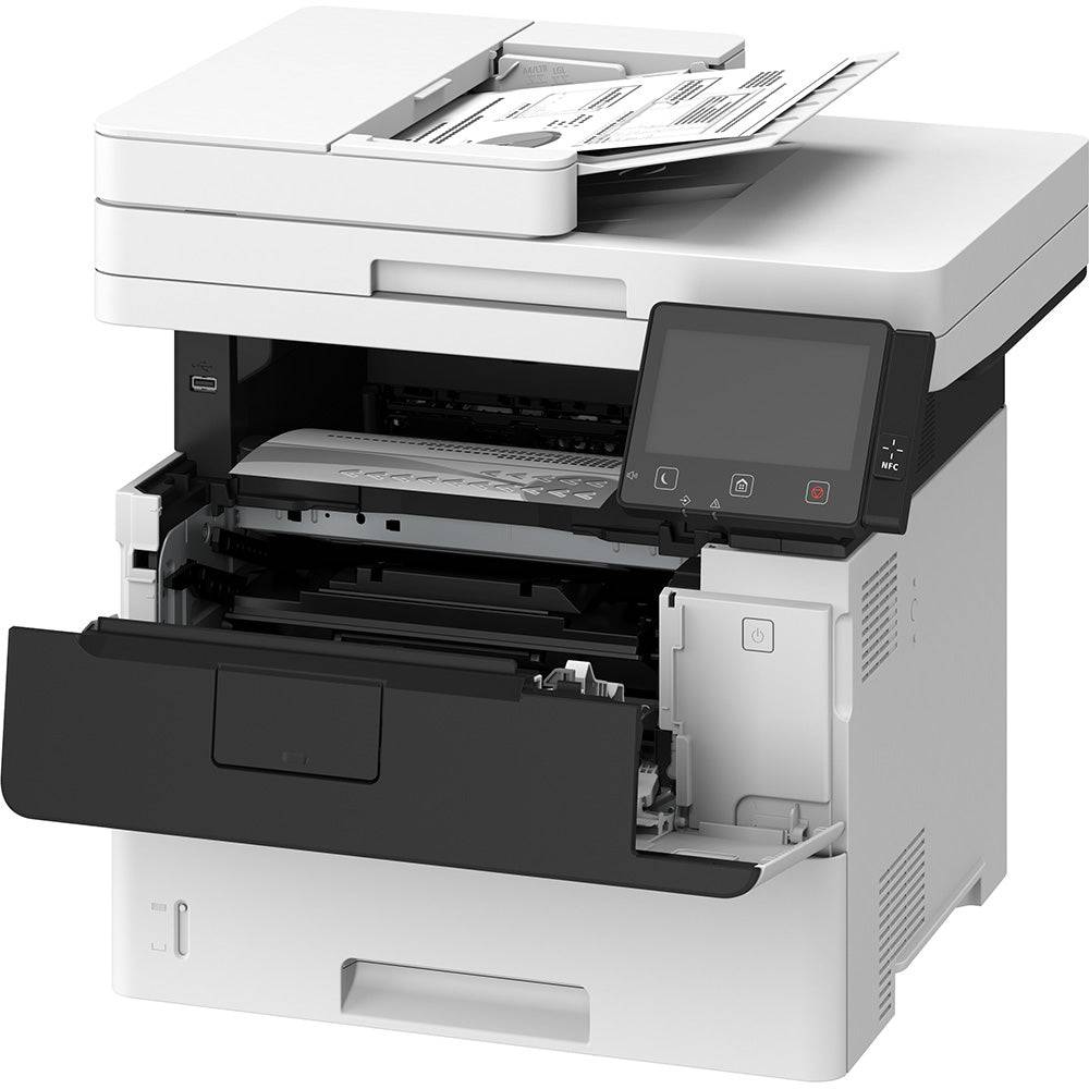 Vista interna della Canon i-SENSYS MF525x con sportello aperto e toner visibile, progettata per manutenzione semplice e stampa efficiente.