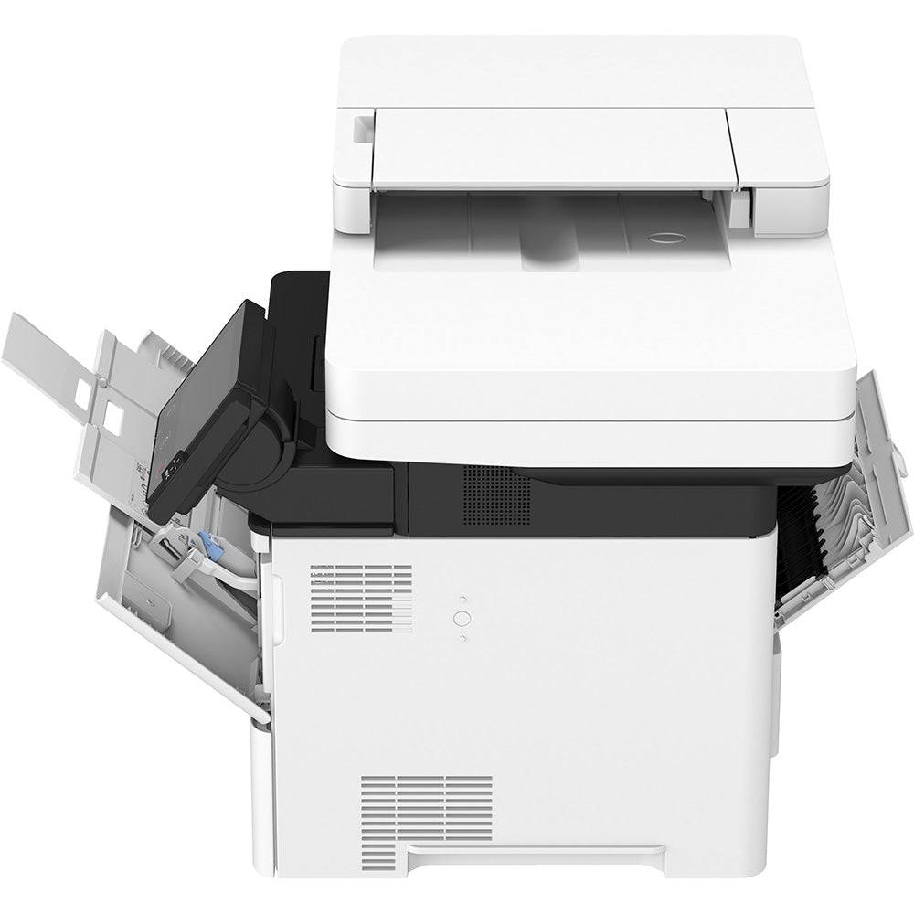 Canon i-SENSYS MF525x multifunzione con sportelli laterali aperti per accesso facilitato alla manutenzione e gestione carta.
