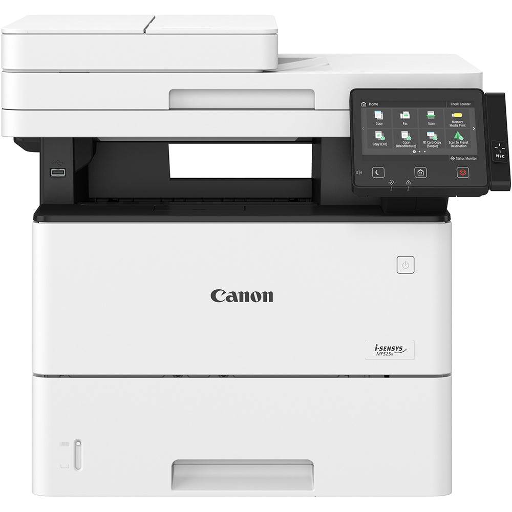 Stampante multifunzione Canon i-SENSYS MF525x vista frontale con display touchscreen a colori, perfetta per stampa veloce 43ppm in ambienti professionali.