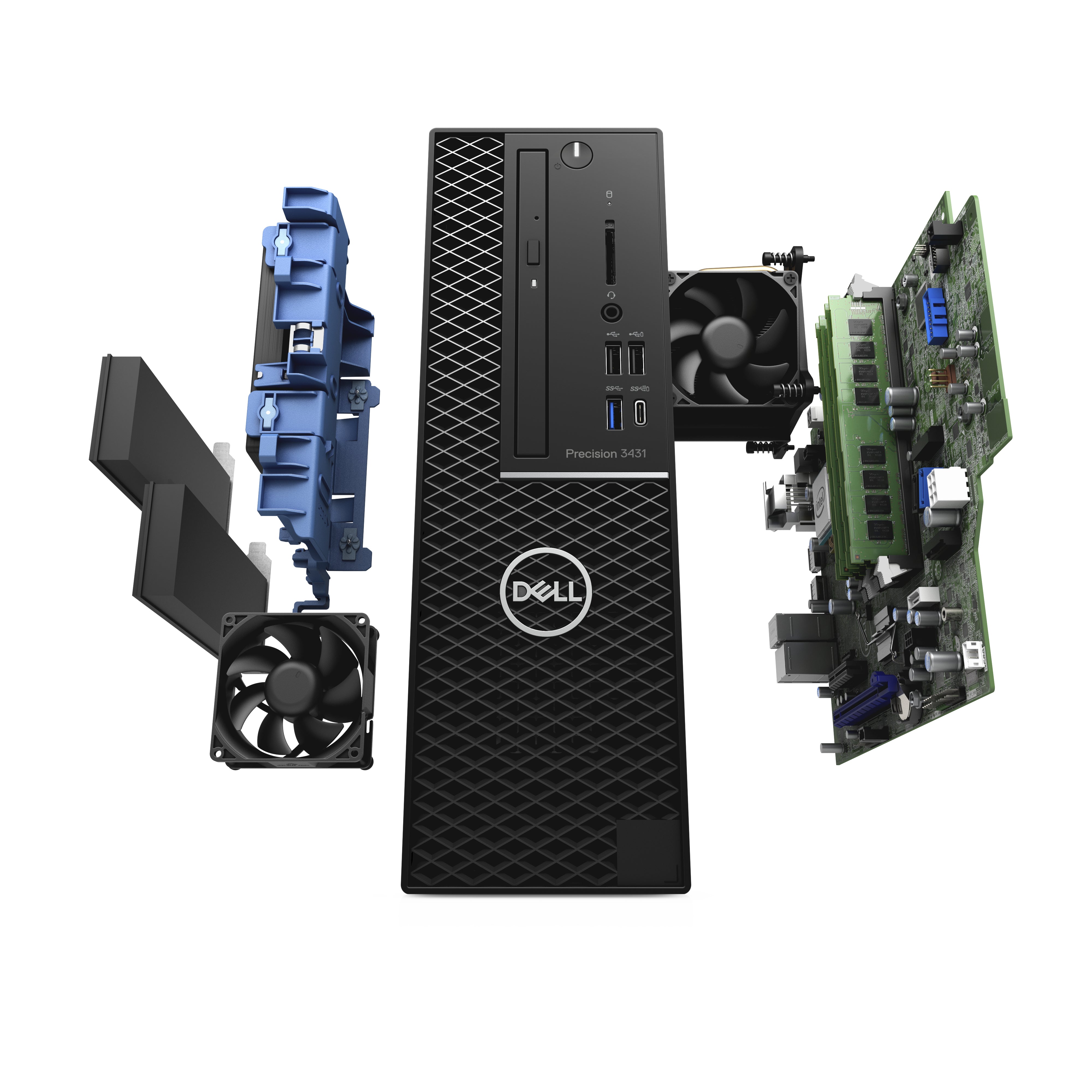 Componenti interni del DELL Precision 3431 SFF ricondizionato esplosi, evidenziando la struttura modulare e l'accessibilità per upgrade