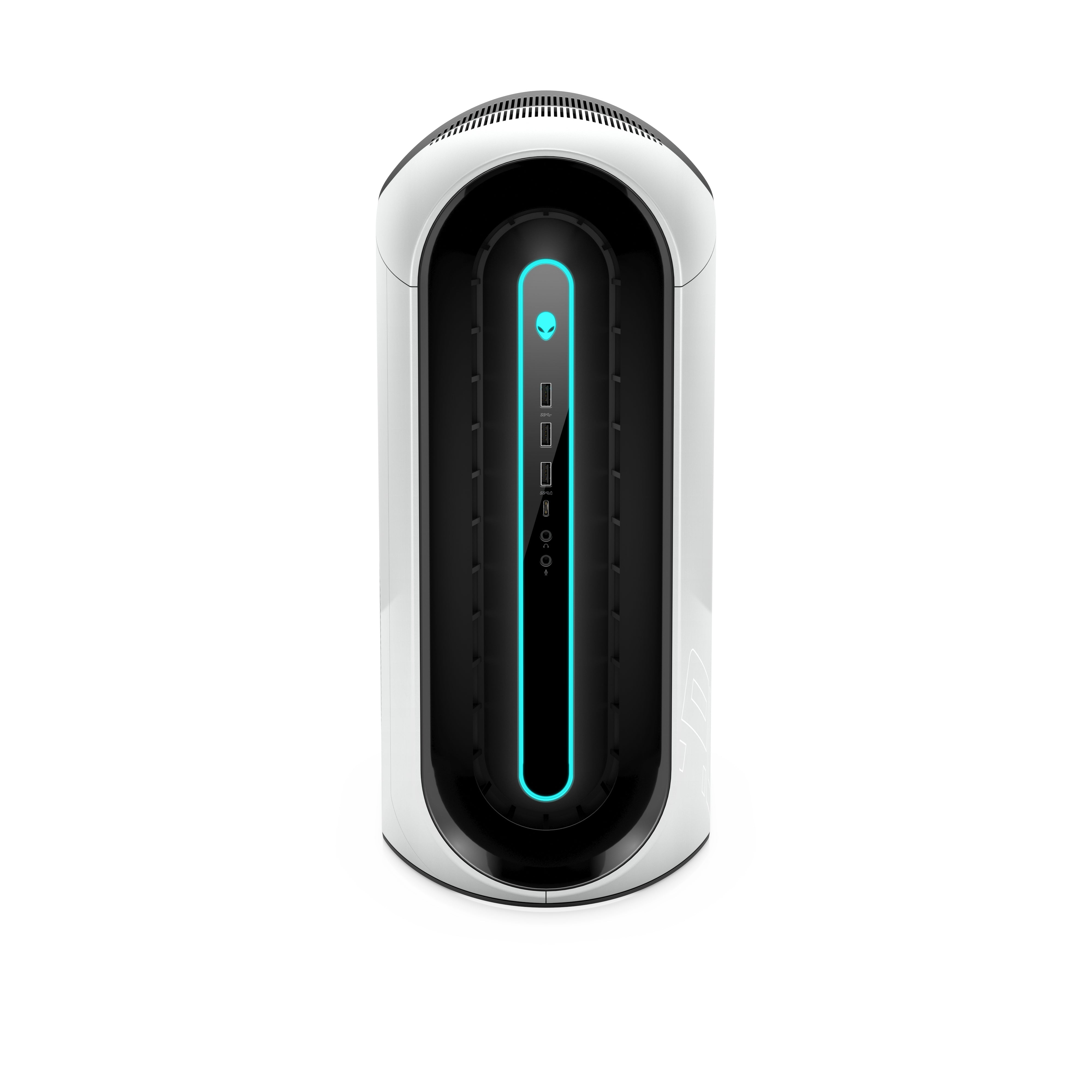Vista frontale del Dell Alienware Aurora R10 con LED azzurro, Ryzen 9 e RTX 3080Ti, perfetto per gamer e creativi su qalnexvori.shop.