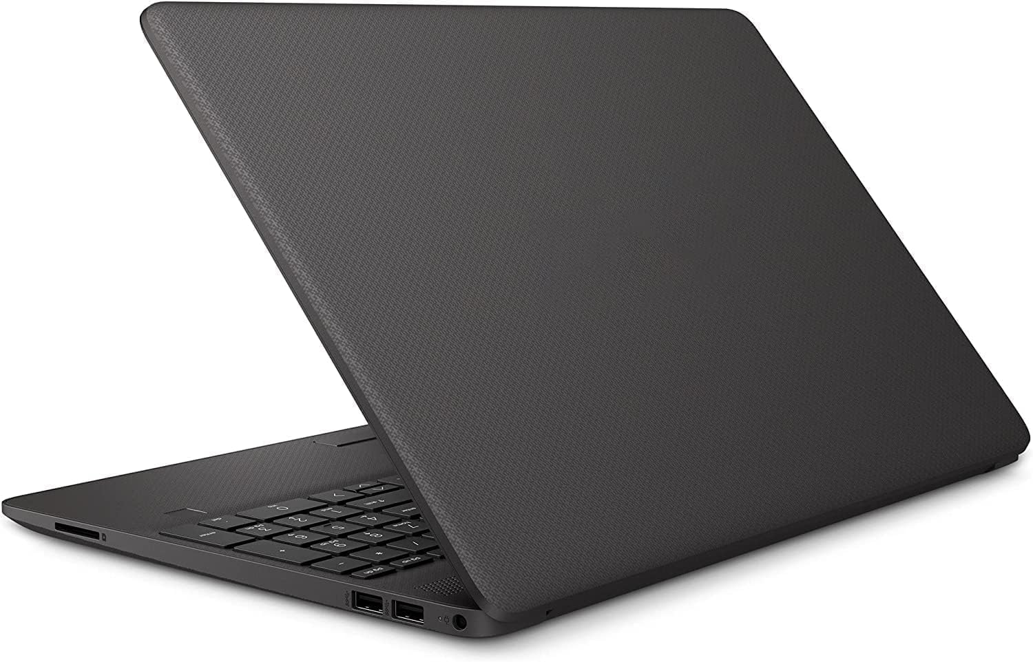 Vista posteriore del notebook HP 250 G9 con cover nera testurizzata e logo HP, design elegante e resistente.