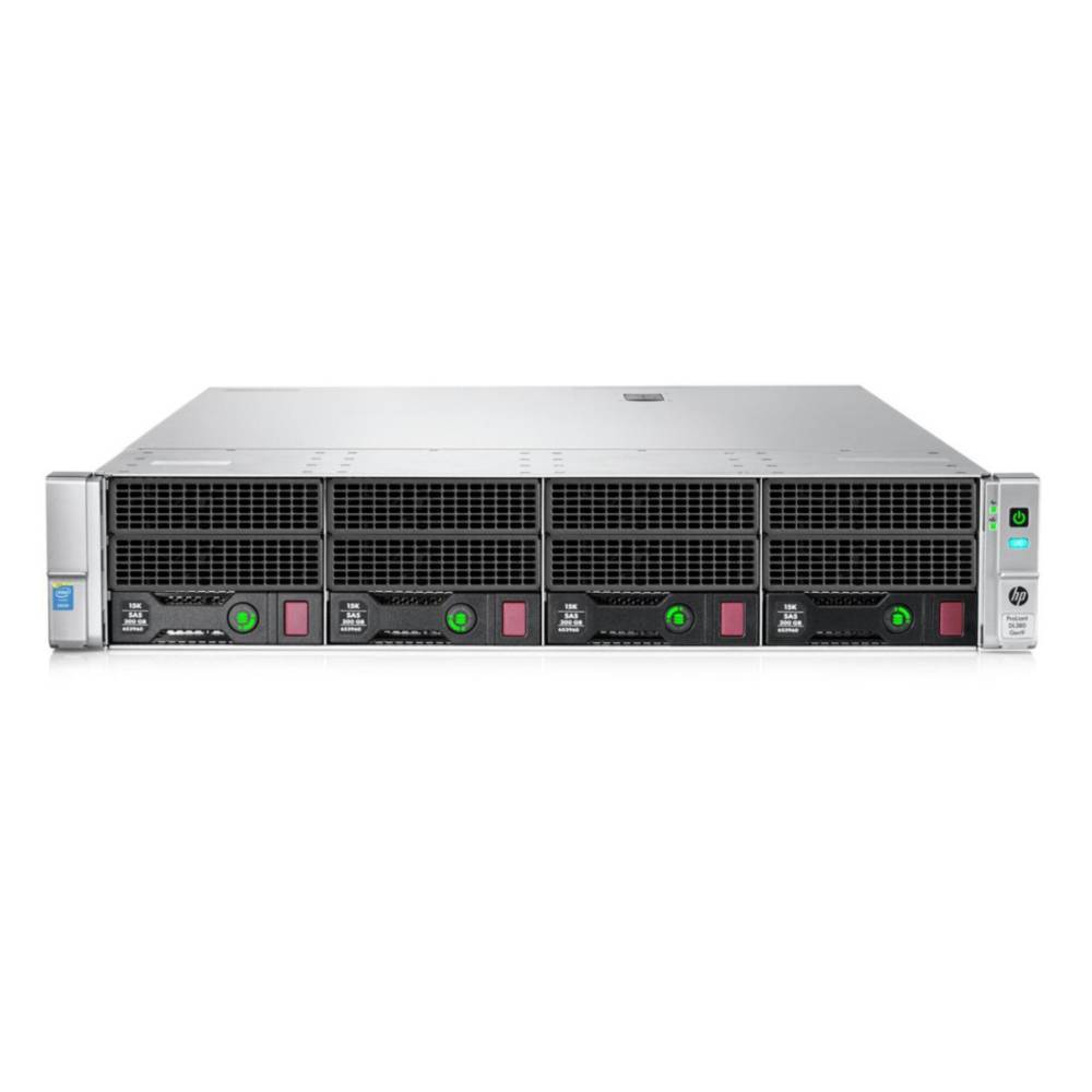 Server rack HP ProLiant DL380 Gen9 frontale con 4 bay hot-swap, ideale per data center ad alte prestazioni con 2x Xeon e 128GB RAM.