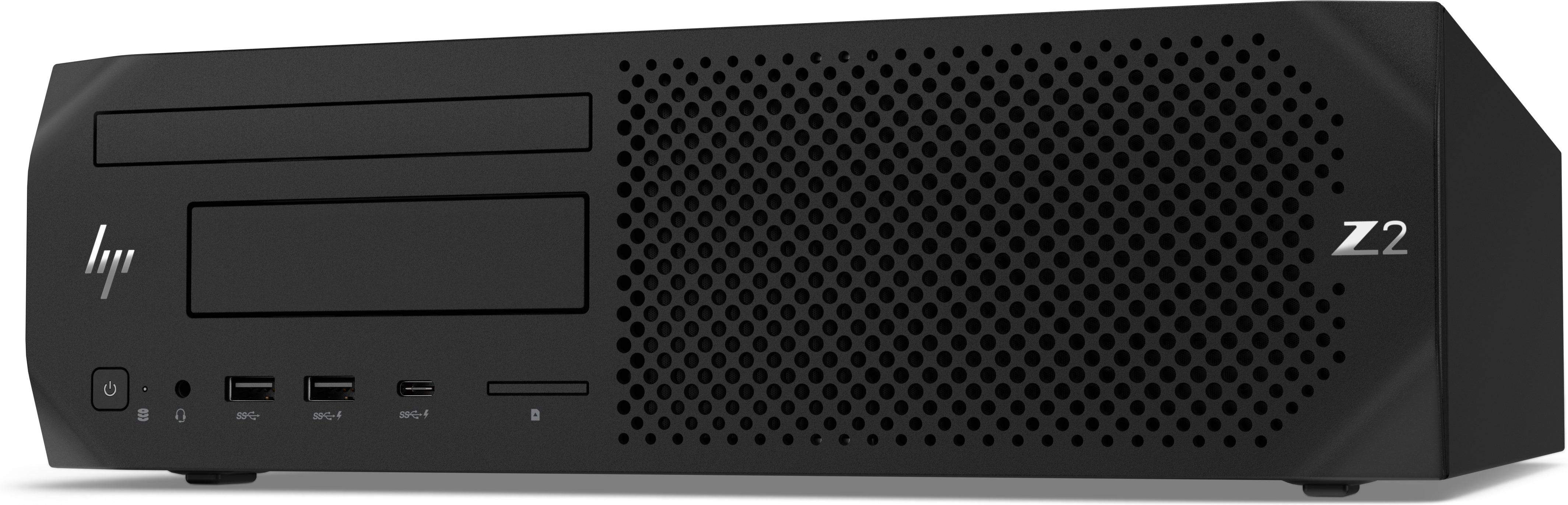 HP Z2 G4 SFF con Intel Core i9, vista laterale che evidenzia le porte frontali e il design compatto per ambienti di lavoro moderni.