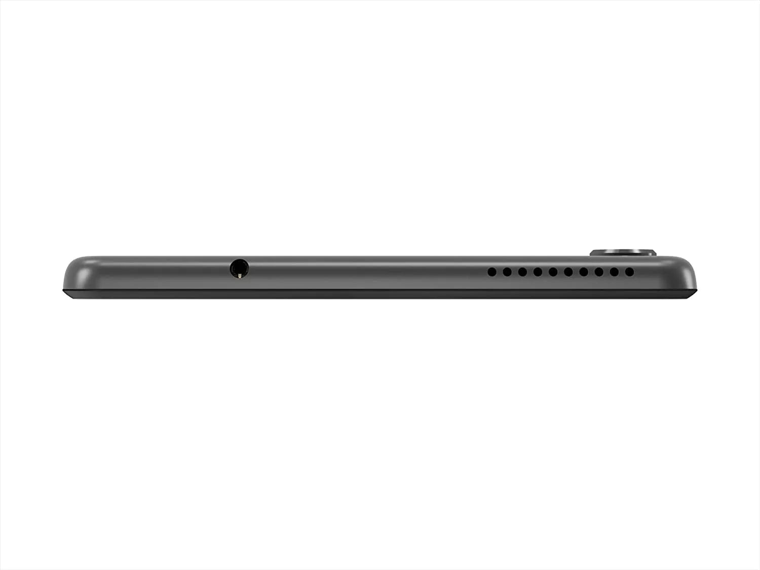 Vista superiore del Lenovo Tab M8 TB-8505F che mostra il jack per cuffie e gli altoparlanti. Perfetto per l'intrattenimento multimediale.