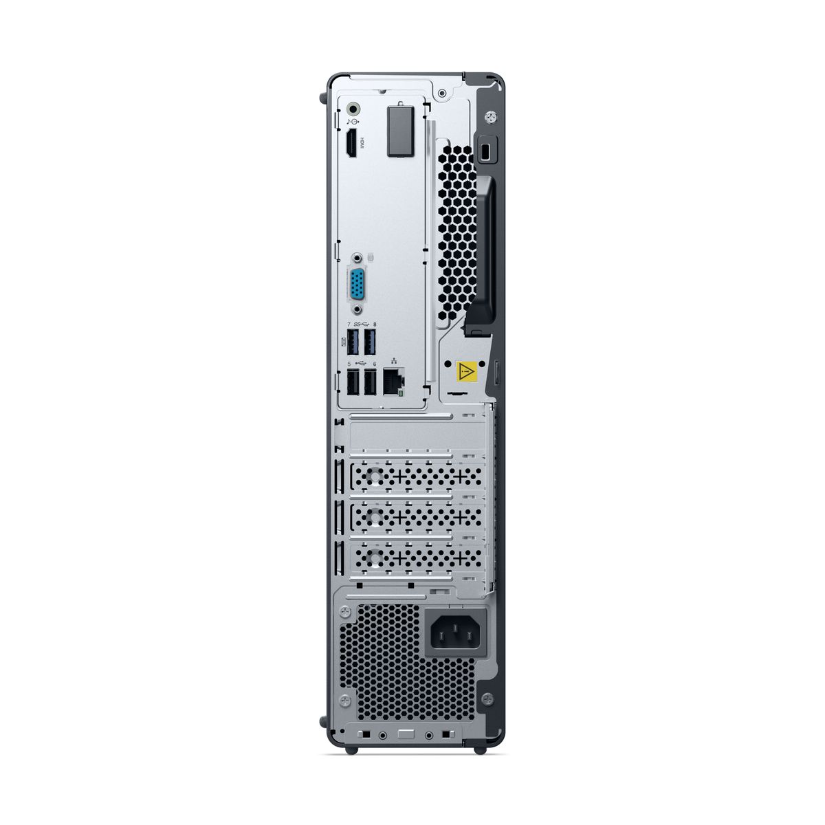Retro del Lenovo ThinkCentre NEO 30s Gen 5 con porte HDMI, USB, VGA e slot di espansione per configurazioni professionali.