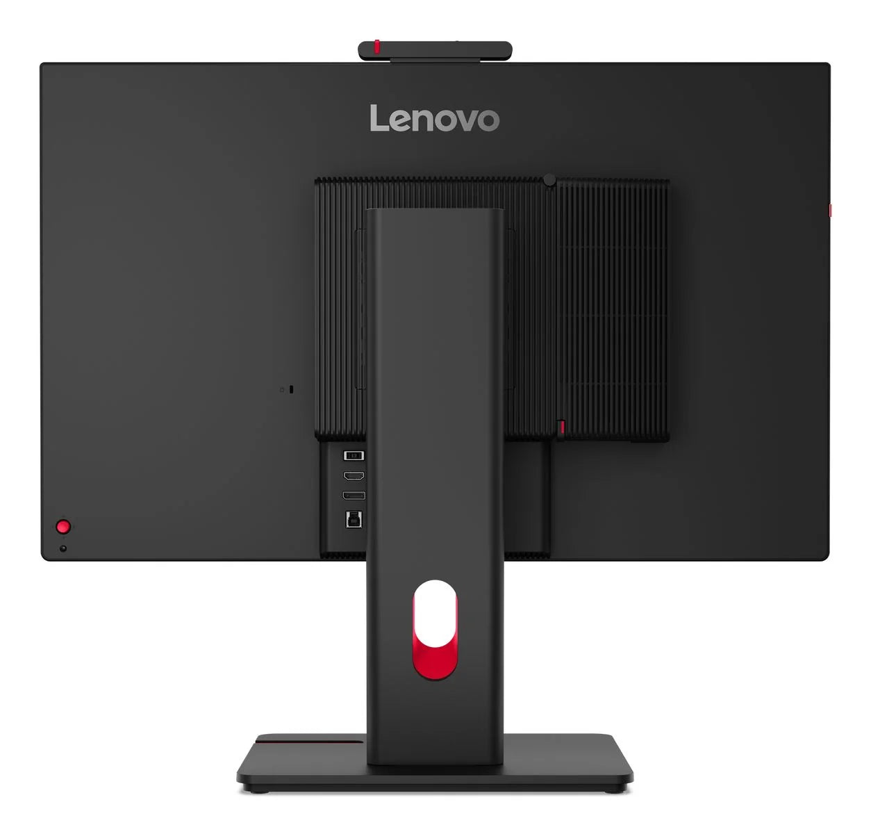 Retro del Lenovo TIO27 Gen6 con mini PC ThinkCentre Tiny agganciato dietro al monitor e passacavi nel supporto