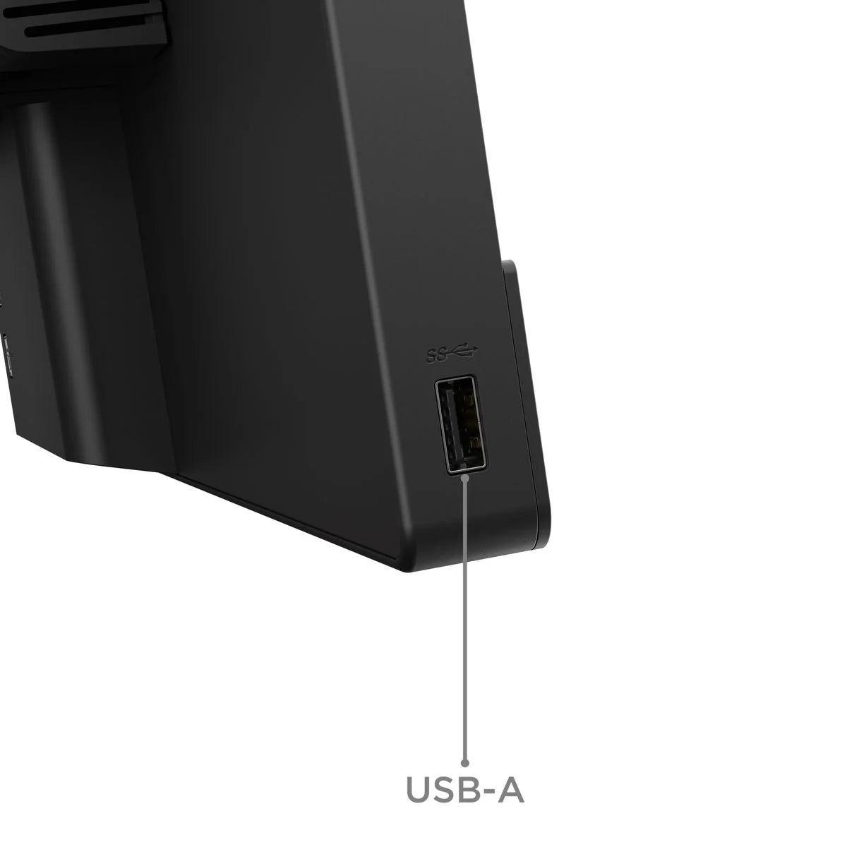 Dettaglio della porta USB-A laterale del monitor Lenovo ThinkCentre TIO27 Gen6, comoda per chiavette e periferiche