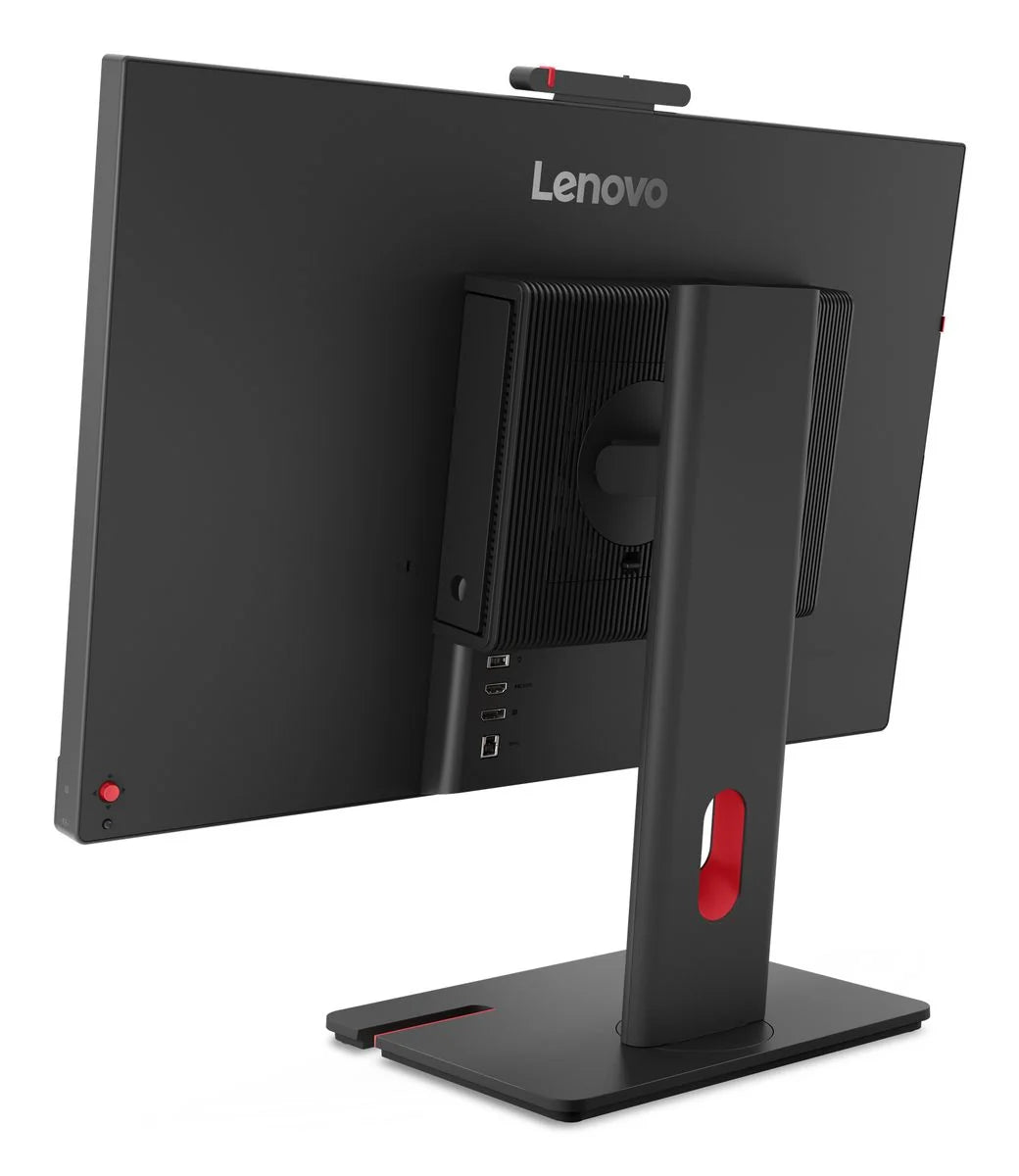 All-in-One Lenovo TIO27 Gen6 retro angolato: postazione modulare con mini PC ThinkCentre nascosto dietro lo schermo