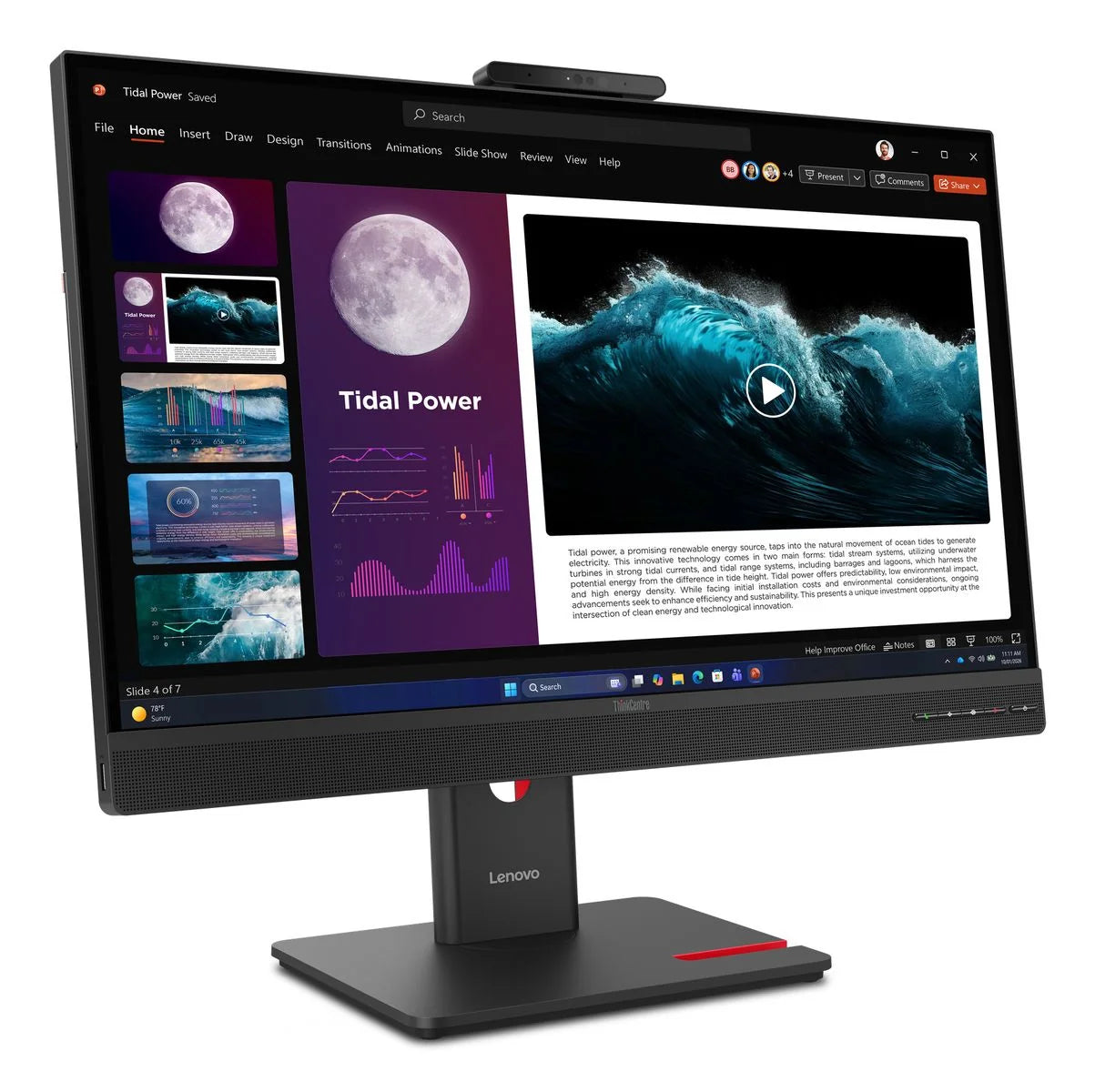 All-in-One Lenovo TIO27 Gen6 27 pollici con schermo QHD a cornici sottili e supporto regolabile, vista frontale laterale
