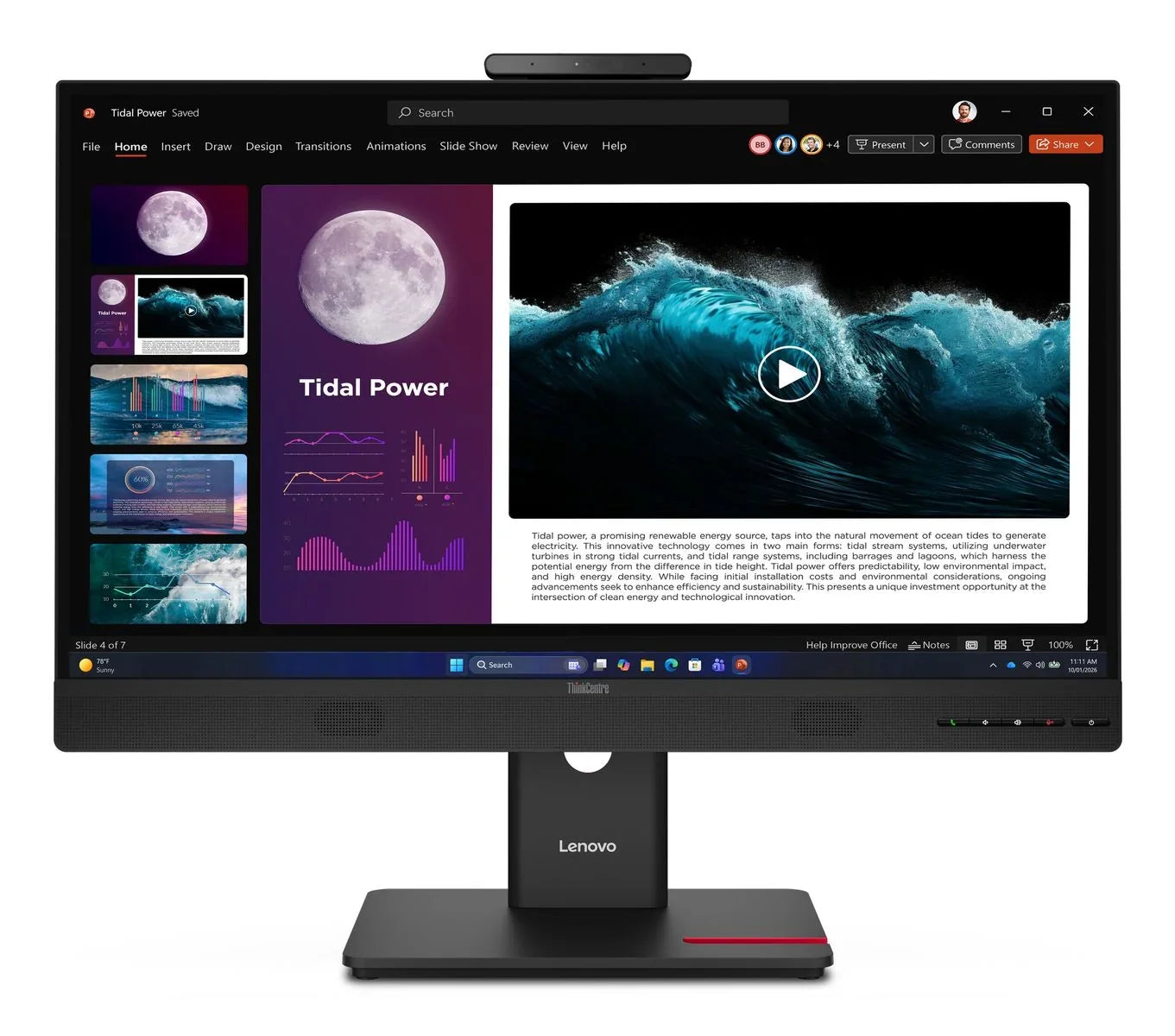 Lenovo ThinkCentre TIO27 Gen6 vista frontale: monitor 27" QHD con webcam, casse integrate e base stabile