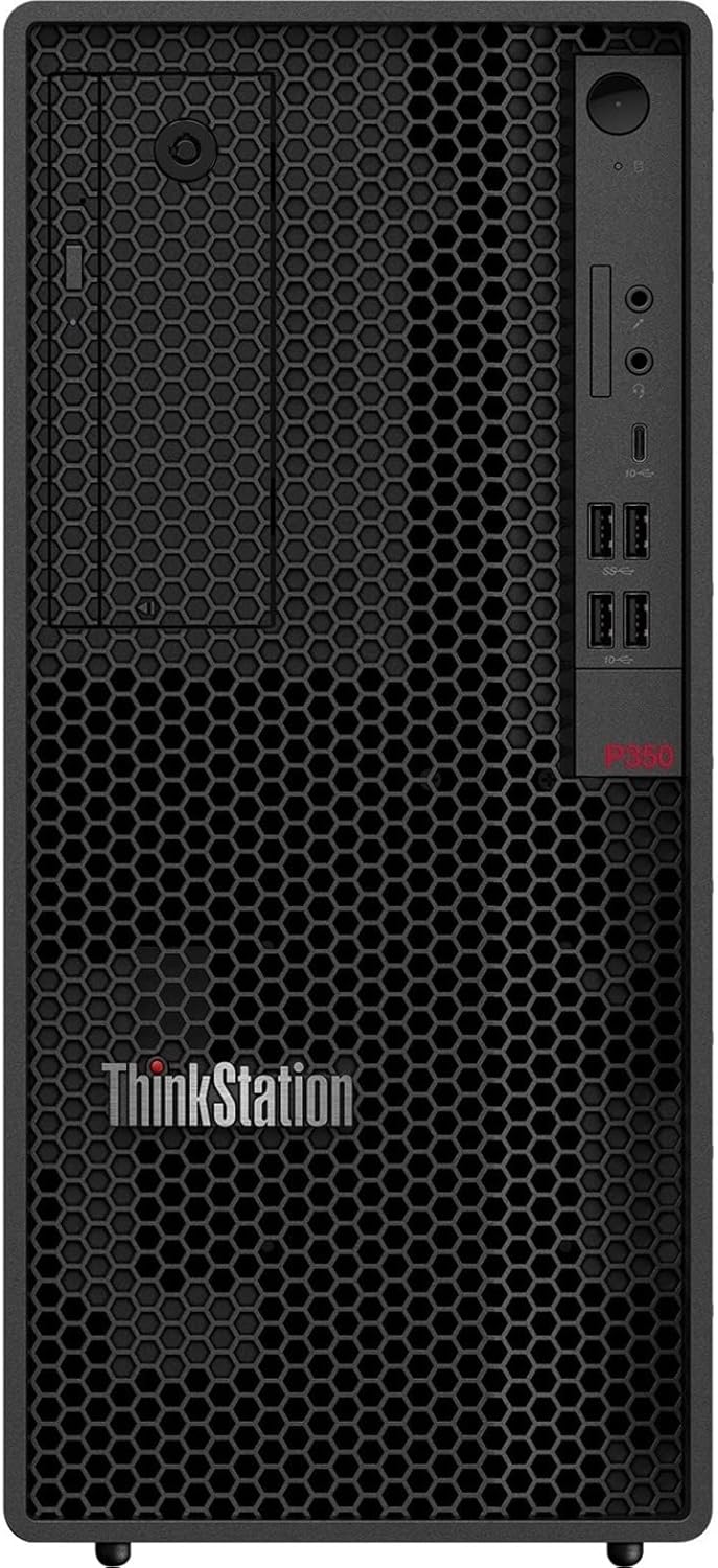 Pannello frontale Lenovo ThinkStation P350 Tower con porte USB, jack audio e lettore schede, ottimizzato per produttività tecnica.