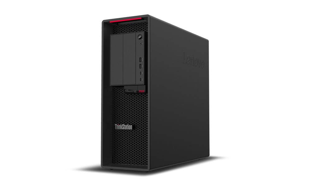 Lenovo ThinkStation P620 Tower con design verticale e griglia frontale, ideale per professionisti che richiedono alte prestazioni grafiche.