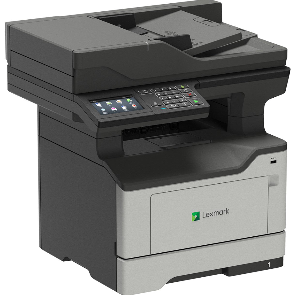 Lexmark MX521de multifunzione laser A4 monocromatica, vista angolare sinistra con display touch e alimentatore automatico documenti.