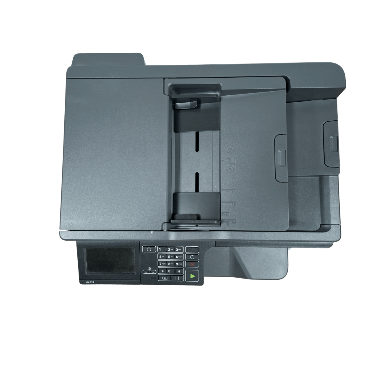 Lexmark MX522adhe ricondizionata - vista dall'alto con pannello di controllo touch screen e ADF